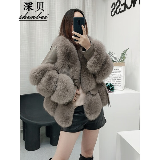 深贝（shenbei） 整皮狐狸毛皮草外套女皮毛一体绵羊皮鹅绒服冬季保暖时尚 B693 摩卡色（鹅绒内胆） S （90-100斤）