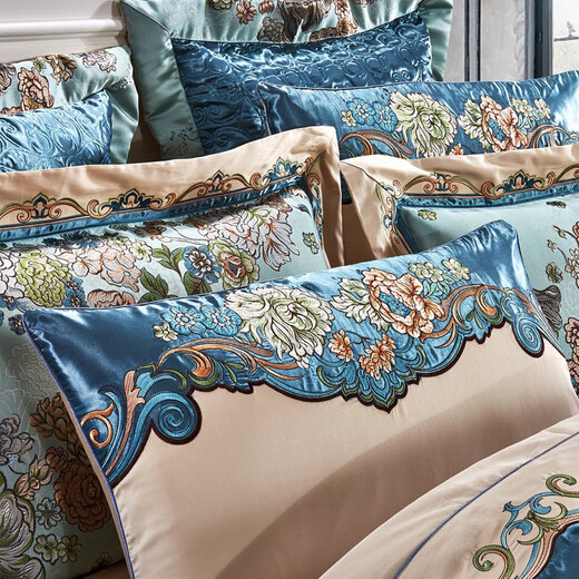 Edi Meng Home Textile European and American Luxury Bedding Villa Model Room Wedding Bedding Multi-Piece Kit Double Large Bed GZ Green and Blue Bed Cover Six-Piece Set 1.5m/1.8m Bed Width