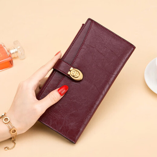 Cnoles wallet women's leather long wallet multi-functional clutch retro oil wax leather large capacity coin purse women's gift box card holder K1404B wine red