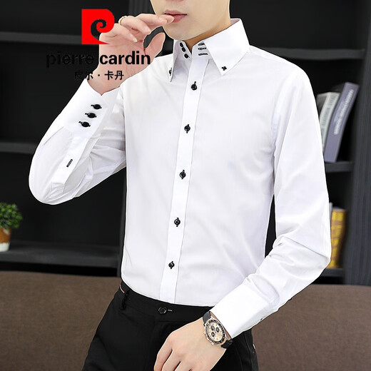 皮尔卡丹（pierre cardin）新款薄款衬衫男春秋长袖韩版修身潮衬衣商务休闲坠感弹力透气免烫 三扣黑色 2XL （推荐体重135-145左右）