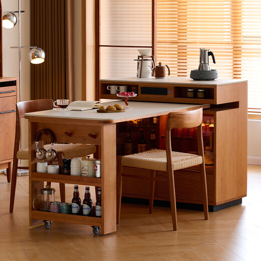 Xizhi solid wood island table integrated retractable small household slate rotating multi-functional storage sideboard cherry wood 1 meter island table + 1.2 meter dining table