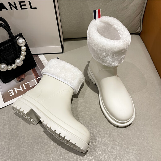 佰妮珂韩版时尚款雨鞋女外穿防滑雨靴厨房洗车防水胶鞋低筒加绒保暖水鞋 白色 38码 标准码数