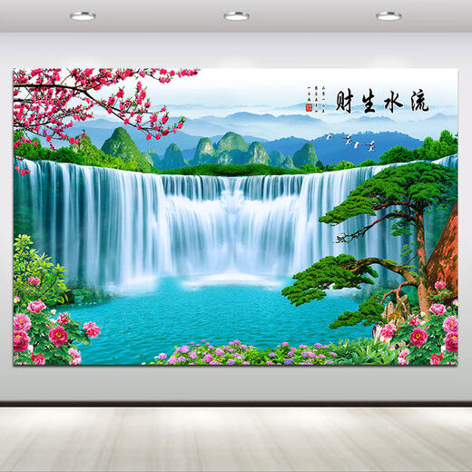 The landscape painting of the flowing water makes money, beautiful artistic conception, living room attracts wealth, and hanging paintings, welcoming pine waterfall background mural A32PP glue with glue on the back 80*120 cm
