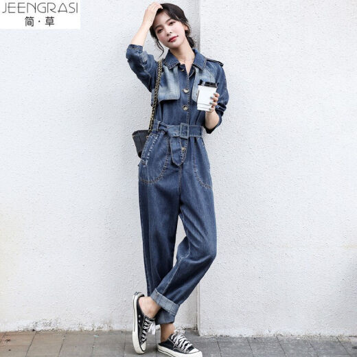 Jiancao denim jumpsuit for women 2021 spring new fashion casual Korean version simple temperament trendy waist slimming button long-sleeved jumpsuit X3135 blue S