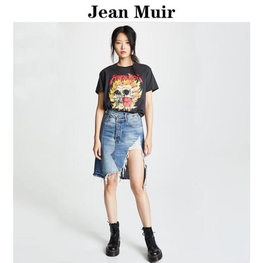 JeanMuir denim skirt A-line high-waisted mid-length irregular slit tassel design short skirt women's summer thin hip-hugging skirt blue 28