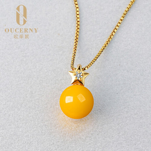 Ou Cheni 18k gold inlaid with five-pointed star diamond beeswax necklace bead pendant female chicken oil yellow amber clavicle chain ready to ship 925 silver chain