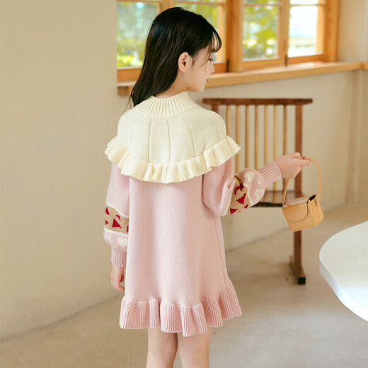 Shengxian Girls' Clothing Girls' Dresses Autumn and Winter Sweater Dresses Western Style Children's Clothes Long Sleeve Princess Dress Girls Sweater Skirt Pink 130 Size Recommended Height Around 128cm