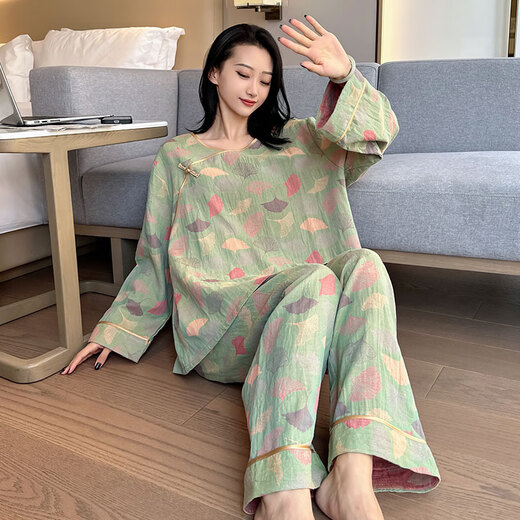 九红妃棉纱中式国风睡衣大码女胖mm夏季纯棉短袖九分裤套装家居服200斤 YZ16804 4XL （130-180斤）