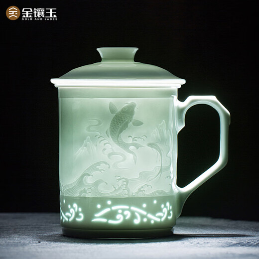 Gold inlaid jade Huang Shouliang handmade tea cup Jingdezhen Yingqing carved business office home tea cup gift giving good luck