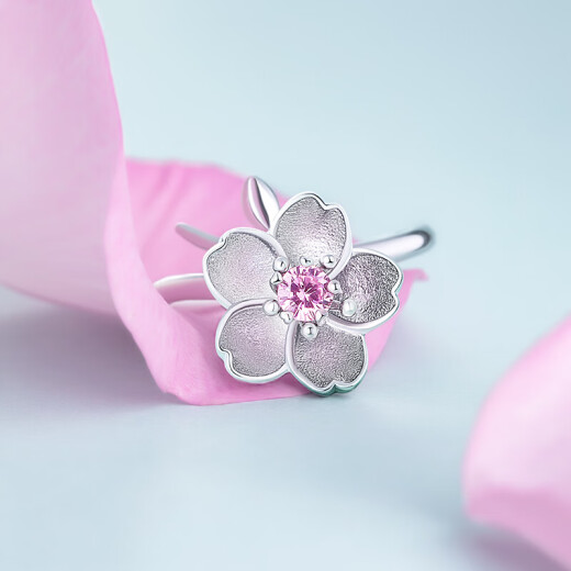 Corsair silver jewelry S925 silver ring for women with open Japanese and Korean temperament, sweet cherry blossom ring, personalized fashion jewelry, trendy Valentine's Day gift for girlfriend and best friend, pink one-size-fits-all