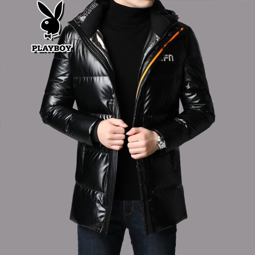 Playboy Down Jacket Men's Medium Long Winter New Casual Warm White Duck Down Hooded Jacket Men's 19167 Black Please select the corresponding size