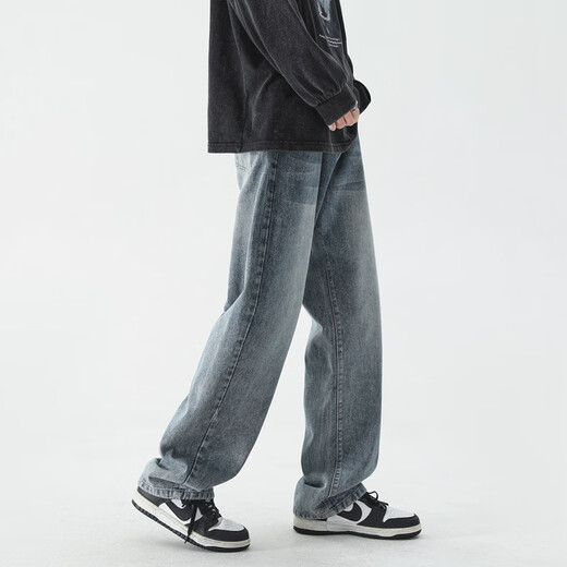 Dingfengbaoluo American jeans men's autumn high street straight loose trendy brand boys wide-leg trousers DFS05 retro blue XL