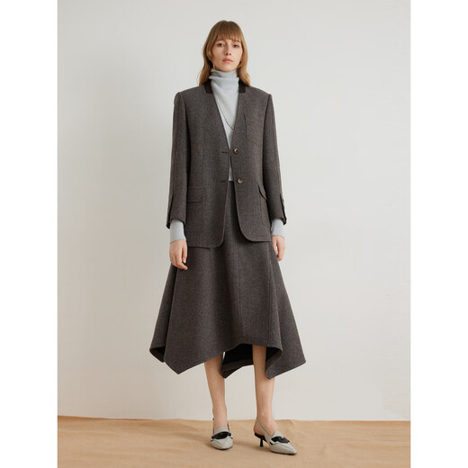 ELLE shopping mall same style 100% sheep wool dark brown suit jacket for women 2024 winter new niche top dark brown S