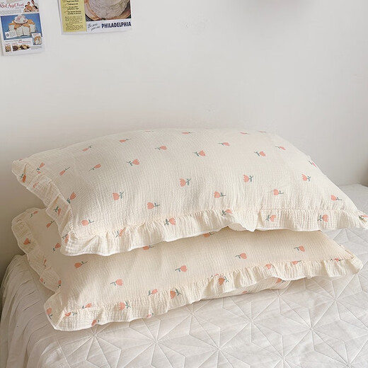 Jiaolu cotton double-layer gauze pillowcase lace pillowcase Children's pillow cover 30*50 Adult pillow cover 48*74cm Tulip powder-single pack 48cmX74cm