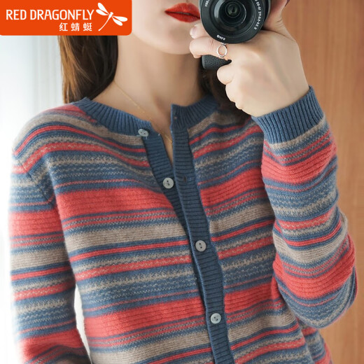 Red Dragonfly 2020 Autumn and Winter New Women's Korean Style Round Neck Casual Thin Cardigan Women's Pure Wool Sweater Striped Loose Slim Sweater Jacket LENW6025 Striped Red Please take the correct size