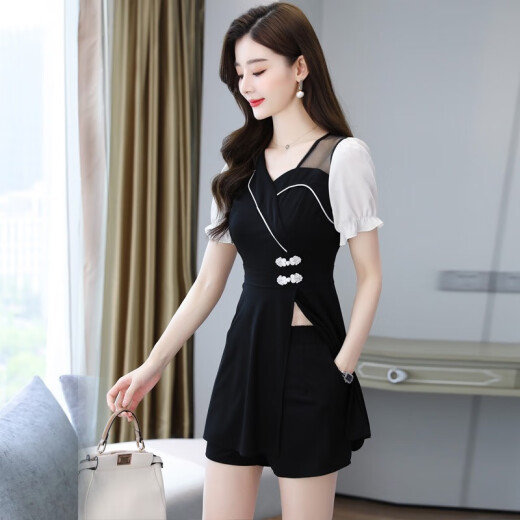 Ziwei Niyi celebrity small fragrant style shorts suit for women 2021 summer new fashion small fashion careful machine medium long chiffon top light mature Hepburn style two pieces women's trendy picture color S