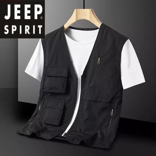 JEEP SPIRIT[无领]夏季男士马甲休闲多口袋轻薄款背心速干工装钓鱼背心坎肩装 灰色 XL 135-155斤