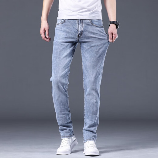 皮尔卡丹（pierre cardin）牛仔裤男士春夏季薄款修身直筒弹力男装浅色休闲男裤百搭长裤子 1048浅蓝 31
