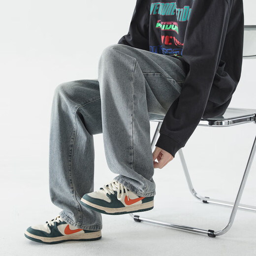 Dingfengbaoluo American jeans men's autumn high street straight loose trendy brand boys wide-leg trousers DFS05 retro blue XL