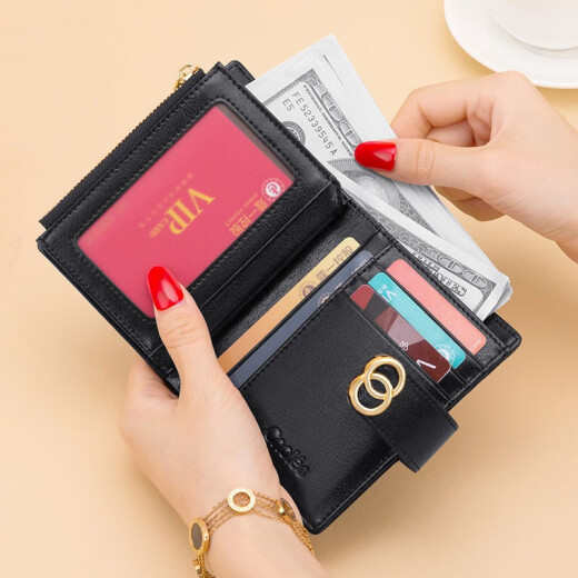Cnoles cowhide wallet women's short multi-functional clutch retro oil wax leather large capacity coin purse women's gift box card holder K1413A black