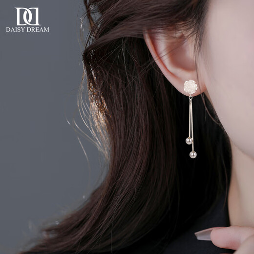 DAISY DREAM925 silver camellia tassel earrings for women, light luxury, high-end earrings, 2025 new earrings, camellia pearl earrings, 925 silver