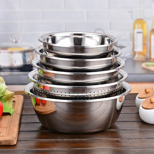 Shenggongman five-piece stainless steel basin thickened vegetable basin leaky basin vegetable basin round basin five-piece set (4 solid basins + 1 leaky basin) 22, 24, 26, 28, 30cm