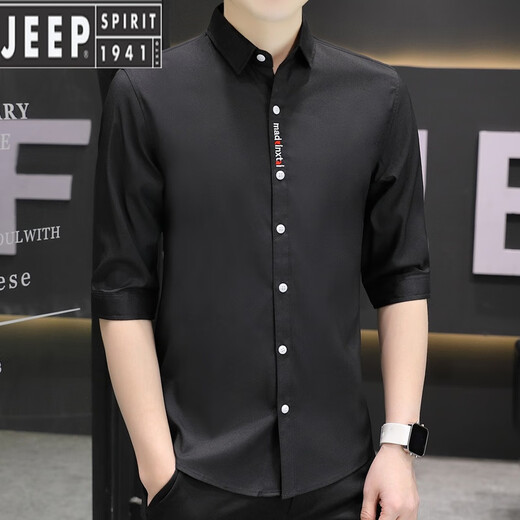 Jeep Spirit Camisa no hierro de siete entradas de siete cross alambre de hielo masculino fresco verano delgada camisa elástica de moda delgada de moda suave 684 negro m 80-105Jin [Jin equivale a 0.5 kg]