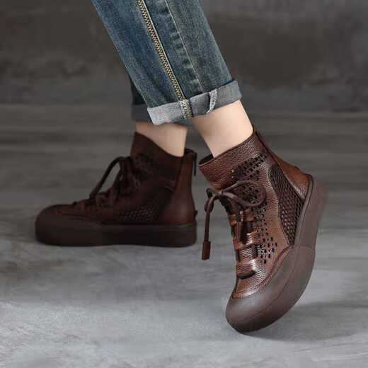 Woodpecker Martin Boots Women's Summer New Retro Leather Thin Breathable Thick Sole Casual Sandal Boots Women's Brown 35