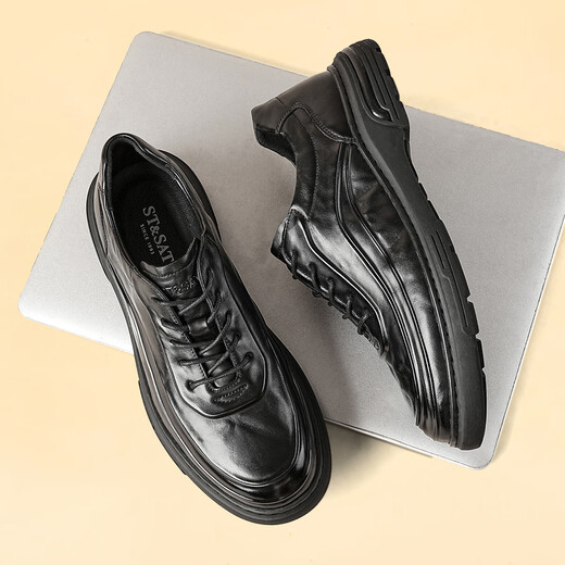 Saturday men's toe-layer cowhide fashionable business formal leather shoes men's lace-up commuting versatile casual leather shoes black