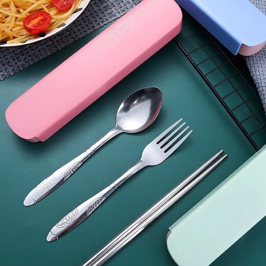 Chopsticks spoon set student stainless steel portable tableware three-piece set children's fork single office worker storage box portable tableware random color 4-piece set