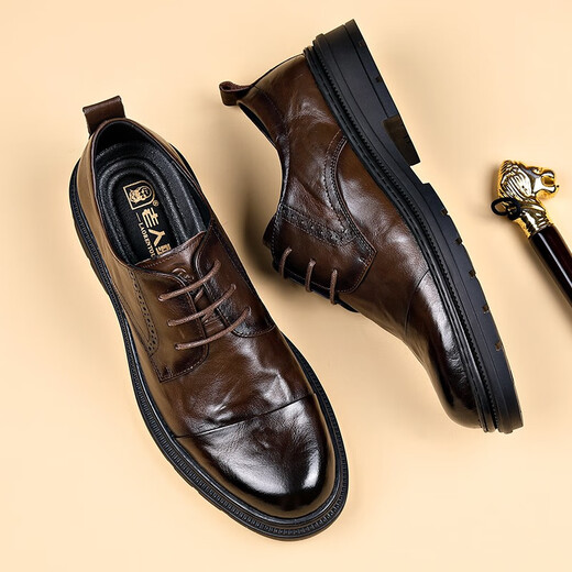 Old man's toe business leather shoes, men's big toe shoes, casual genuine leather moccasins, men's formal shoes, lace-up derby men's toe-layer cowhide shoes, dark night-black lace-up style, leather shoe size 40, please consult customer service for leather shoe size