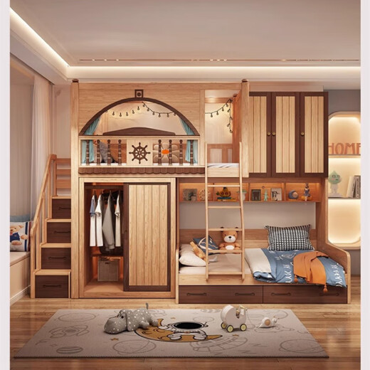 Ji Xinquan Madera sólida Tambre de apartamento pequeño Cama doble sin molestarse entre sí camas de literas para niños arriba y abajo + escalera + 0.8 escritorio + gabinete de dos puertas 1350*2000 mm (levantarse de la cama)