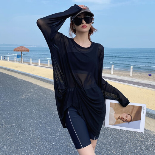 Ann and Luo Shiqi sports large size swimsuit women's long-sleeved blouse split three-piece set loose fat mm covering the flesh and slimming hot spring 200Jin [Jin equals 0.5kg] gray 2XL (130-145Jin [Jin equals 0.5kg])