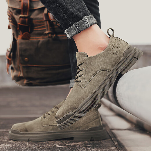 Kaliding 2021 summer casual leather shoes for men British matte leather low top shoes Martin boots fur fur back leather men's shoes Khaki 40 standard leather shoe size