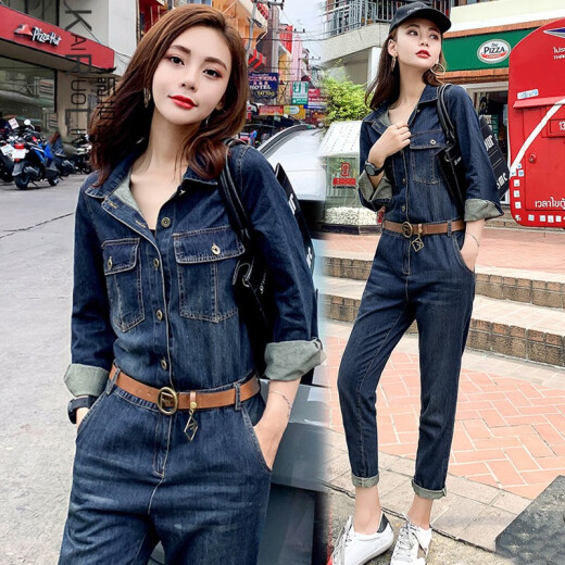 Kai Ruolin 2020 Autumn Clothing New Autumn Women's Spring Autumn Fashion Temperament Pure Cotton Jeans Casual Pants Small Leg Pants Pencil Pants Jumpsuit Nine-Point Pants Women's Pants Dark Denim Blue L