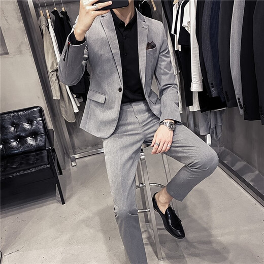 Bu Zhifanji Casual Anzug Herrenjacke Anzug Herreninterview Frühling und Herbst Korean Style Trendy Slim Fit großes Hochzeitskleid Schwarz-Drei-Stück-Set (Stoff + Hemd + Hose) s