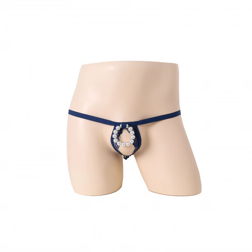 Adult erotic underwear European and American men's thong bead chain ring pearl temptation hollow perspective 2 black one size