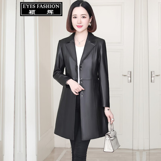 Yinghui genuine leather coat for women Haining sheepskin mid-length coat for women slim long windbreaker spring and autumn new style long coat black 3XL version small 118-128 Jin Jin equals 0.5 kg optional