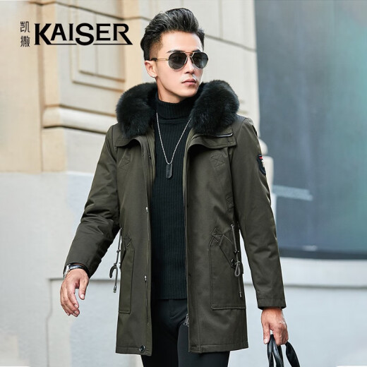KAISER parka men's fox fur collar fur coat rabbit fur liner mid-length coat winter warm men's KSHJ9986 green 52 (180/100A)