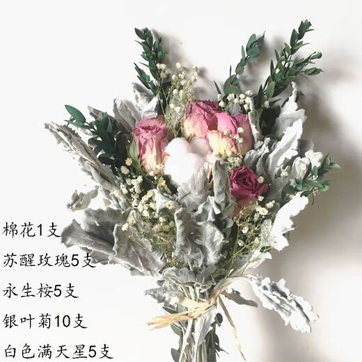 AIMAN dried flower pine cones, cotton eucalyptus leaves dried flowers, Nordic style ins small fresh home decoration ornaments bouquet pine cones, eternal pink baby's breath + thousand day powder + cotton + bouquet, dried flower bag