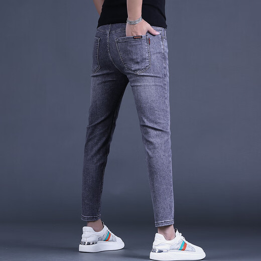 KuRenTou (KuRenTou) 2023 Spring and Autumn New Men's Trendy Smoke Gray Crispy Clipper Jeans Slim-fitting Small-footed Trendy Brand Casual Pants Trendy 1049 Gray 28