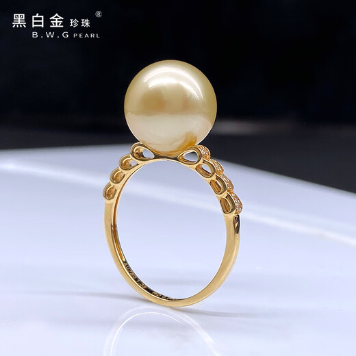 Black and white gold pearl South Sea seawater gold pearl ring 18K gold material inlaid with gold pearl ring temperament women's model 11-12mm