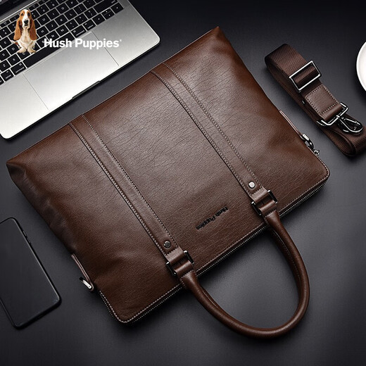 
Hush Puppies briefcase one-shoulder slanted handbag genuine leather clutch for men business bag computer bag gift brown