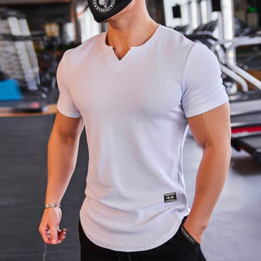 Lutielang coach fitness clothes slim fit stretch men's muscle training sports quick-drying short-sleeved T-shirt white XL