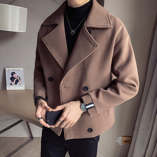 Autumn and winter men's coats, men's loose cotton clothes, cotton coats, short work jackets, trendy British handsome winter woolen coats, windbreakers, cloaks, trendy men's clothes, light green cotton XL