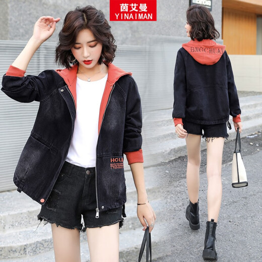 Yin Aiman ​​short coat, denim jacket, women's jacket, loose Harajuku style, all-match slim, 2020 spring and autumn new women's jacket, baseball uniform, foreign style, casual, all-match fashion jacket, A8040 black, please do not take the photo, <Please take the correct size