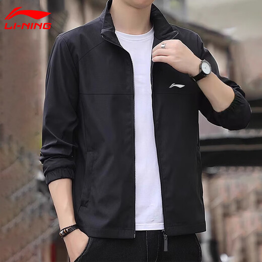Li Ning Sports Jacket Men's Spring and Autumn New Windproof Casual Cardigan Windbreaker Jacket Loose Large Size Running Charge Top Black Stand Collar Sports Jacket L/175 (130-145Jin Jin is equal to 0.5 kg)