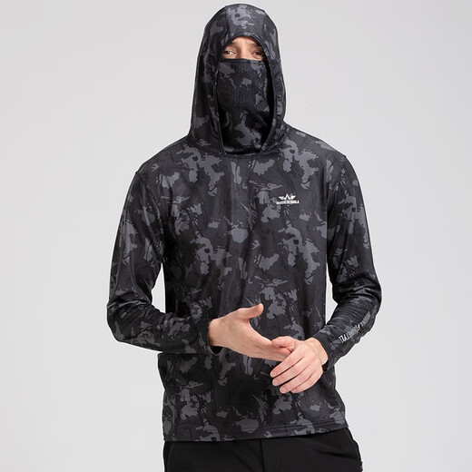 AMADIS DE GAULA fishing clothing men's new face-covering warm hooded pullover sweatshirt outdoor sports fishing clothing dark night camouflage (spring style) L