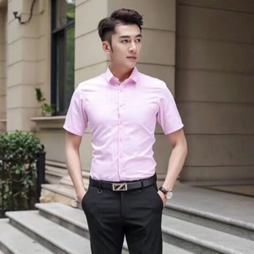 楠馨妤夏季薄款短袖白衬衫男免烫修身商务工作服职业正装衬衣男工装 纯色短袖衬衫-白色 XL