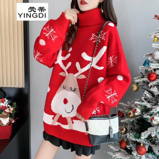 Yingdi Christmas Fawn Turtleneck Sweater Women's Red Lazy Style Autumn and Winter Clothes 2020 New Loose Korean Style Thickened Pullover Sweater Women's New Year Red One Size